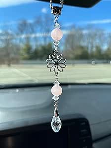 Flower Rear View Mirror Car Charms,Crystal Boho Car Mirror Hanging Decor for Women Men Healing Rose Quartz Sun Catcher Cute Car Decorations Accessories Diy Rear View Mirror Hangers, Diy Car Charms Rear View Mirror, Cute Car Decorations, Bead Sun Catcher, Glass Bead Art, Rearview Mirror Accessories, Market Crafts, Car Crystals, Car Mirror Hangers