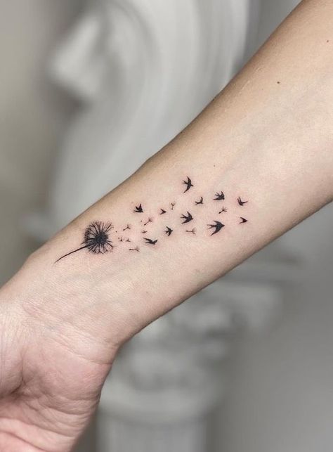 Dandelion Wrist Tattoos For Women, Dragonfly Fairy Tattoo, Dandelion Bird Tattoos, Watercolor Dandelion Tattoo, Numerals Tattoo, Dandelion Tattoos, Dandelion Tattoo Meaning, Dandelion Tattoo Design, Bird Tattoo Meaning