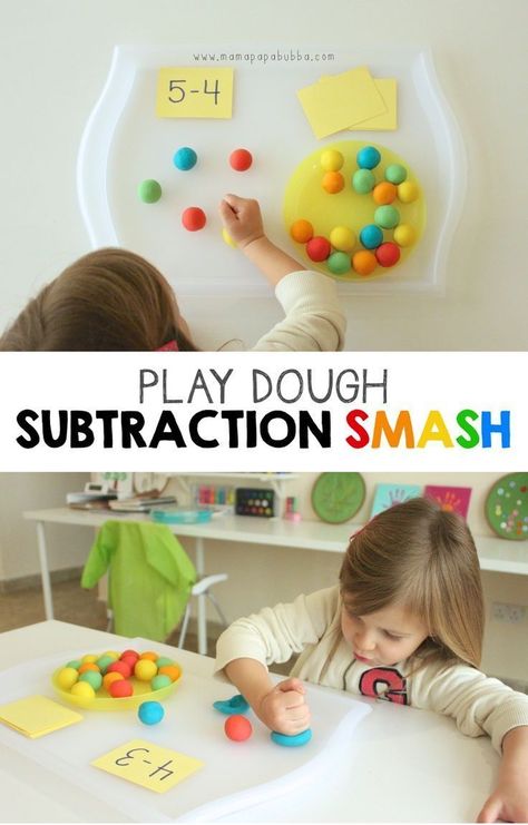 Play Dough Subtraction Smash | Mama.Papa.Bubba. Diy Math Games For Kindergarten, Teacher Station, Subtraction Activity, Math Station, Kinesthetic Learning, Math Subtraction, Subtraction Activities, Homeschool Kindergarten, Math Activity