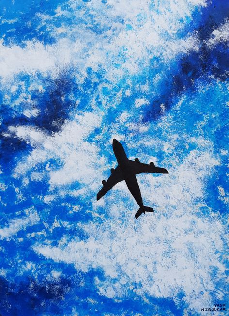 Airplane Painting Easy, Plane Canvas Painting, Plane Acrylic Painting, Plane In Sky Painting, Photo Sketchbook, Airplane In Sky Painting, Airplane Window Painting Canvas, Luggage Painting, Plane Painting