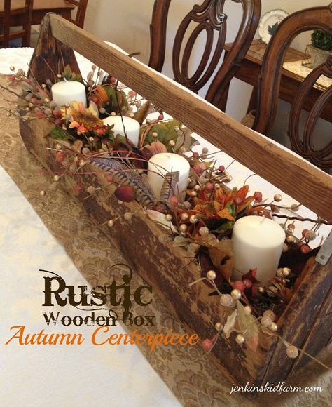 The Ultimate Roundup of Wooden Box Decorating Ideas! - Leap of Faith Crafting Rustic Wooden Box Centerpiece, Wooden Box Centerpiece, Wood Tool Box, Rustic Wooden Box, Wooden Tool Boxes, Rustic Fall Decor, Primitive Kitchen, Fall Centerpiece, Fall Table