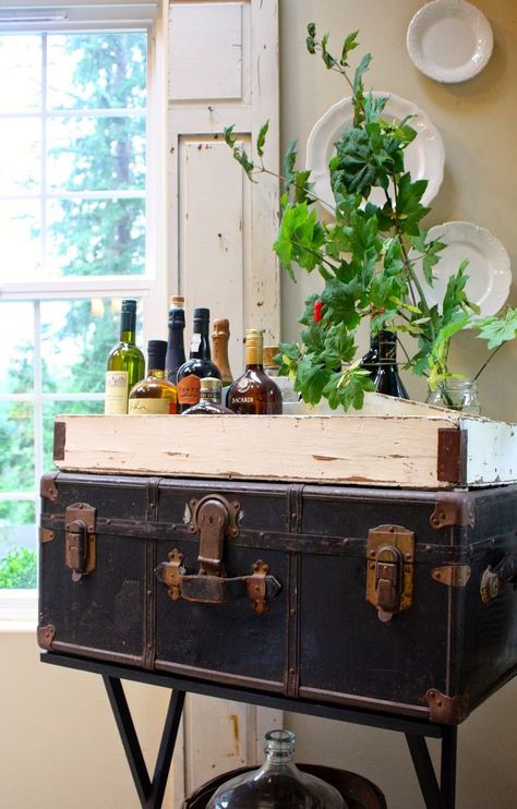 Beautiful fall home tour from My Sweet Savannah Recycle Furniture, Suitcase Decor, Antique Trunk, Old Suitcases, Vintage Trunks, Vintage Suitcases, Vintage Chest, Vintage Suitcase, Vintage Luggage