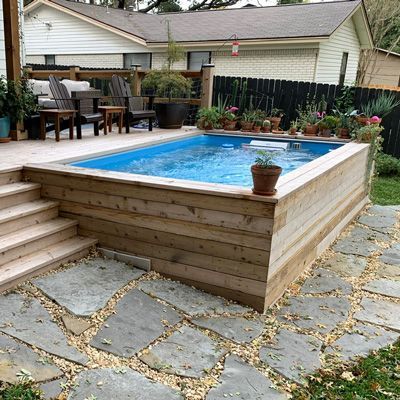 Above Ground Pool Deck Plans, Small Pools Backyard, Patio Plan, Kleiner Pool Design, Above Ground Pool Deck, Pool Deck Plans, Deck And Patio, Endless Pool, House Farmhouse