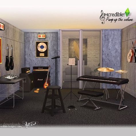 Sims4 CC Music room set by SIMcredible Sims 4 Music Room, Small Recording Studio, Music Room Ideas, Volume Music, Radio Song, Music Bedroom, Pump Up The Volume, Sims 4 Blog, Karaoke Room