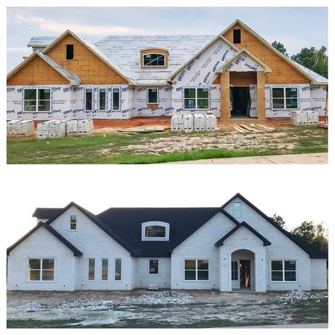 Meagan May on Instagram: "Interior updates over in Stories today, but here is the Before and After of the exterior! Brick is complete and now I just can’t wait for the front door to be painted and lighting to go up 🙌🏻 I once heard lighting is like jewelry for your house and it’s been one of the things I’m most excited for ☺️ Brick is White Bluff by Acme #customhomebuild #newhomebuild #houseexterior #whitebluff #whitebluffacme #acmewhitebluff #whitebluffbrick #beforeandafter #whitebrickhouse #w White Bluff Acme Brick, White Bluff Acme Brick Homes, Acme Brick, Interior Updates, Brick Homes, White Brick, Exterior Brick, Brick House, Go Up