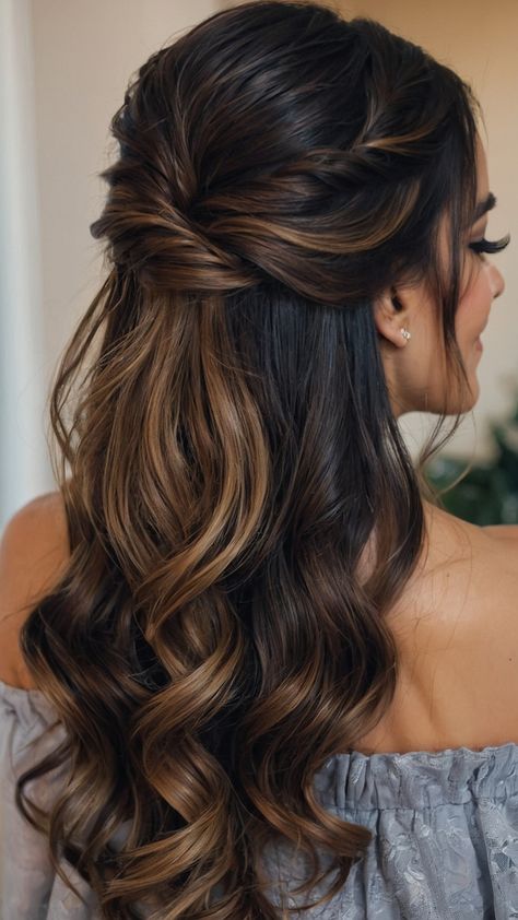 Half Up Half Down Bun Bridesmaid Hair, Long Hair Styles Bridesmaid, Half Up Half Down With Hair Piece, Wedding Hairstyles For Long Hair Brown, Part Up Part Down Wedding Hair, Wedding Hair Styles Bridesmaid, Hairstyles For Medium Length Hair Curly Soft Curls, Ponytail Styles For Wedding, Parted Bun