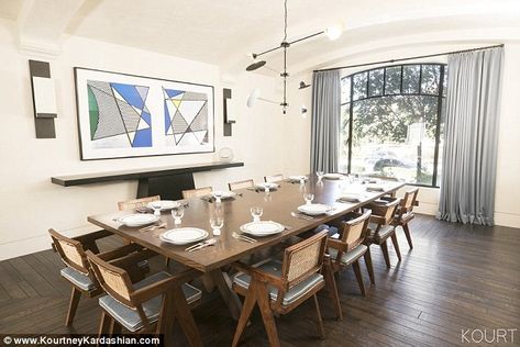 'I use the space to entertain': The 37-year-old reality star's 'favourite room' includes a Lichtenstein painting, Pierre Jeanneret vintage chairs, Hermès plates, and an Interieurs light fixture Kardashian Dining Room, Kourtney Kardashian House, Kardashian Home, Tuscan Kitchen, Iconic Furniture, Pierre Jeanneret, Furniture Designer, Kourtney Kardashian, Modern Dining Room