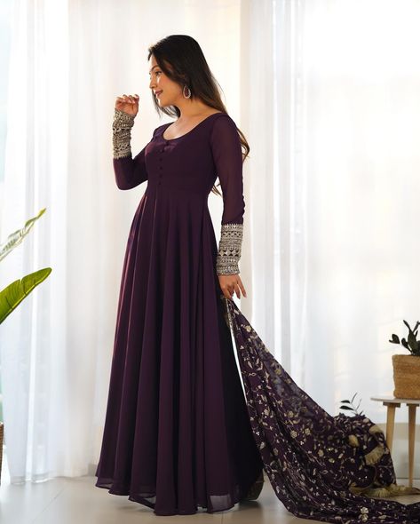 Comment “Link” To Get Details In DM 💜 Wine Pure Soft Fox Georgette Anarkali Suit Set With Huge Flair, Dupatta & Pant Search “KB 241” On Our Website To Shop 👗 Hurry, Book Fast To Make This Festival Season Unforgettable ✨ Shop Now From www.BahuPalace.com Link In Bio DM/WhatsApp Us At +91 9409911700 💖 Take Screenshot & Send Us To WhatsApp For More Details! Which One You Want To Buy/Inquiry? 🙈 100% Quality Assured Premium Product With Pocket Friendly Price | Free Express Shipping | Cash On D... Georgette Anarkali Dress, Purple Dupatta, Purple Anarkali, Georgette Anarkali Suits, Patiyala Dress, Purple Bottom, Georgette Anarkali, Lehenga Suit, Dress With Embroidery