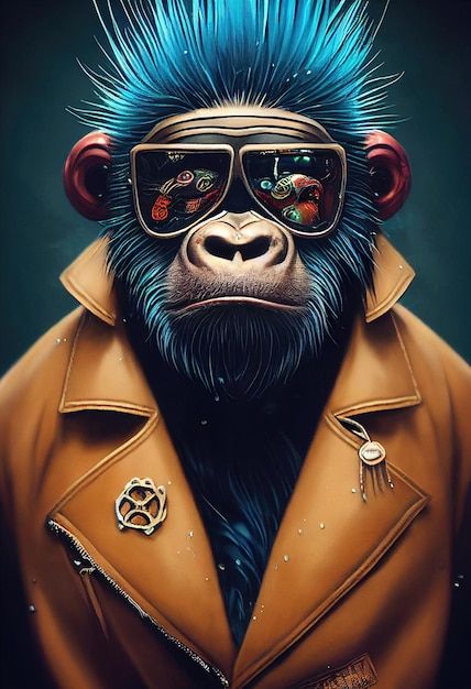 Portrait of a punk monkey monkey rock mu... | Premium Photo #Freepik #photo #leather-jacket #hipster-man #men-hair-style #man-hair Orange Leather Jacket, Crazy Monkey, Sublimation Tumbler Ideas, Animal Creatures, Modern Art Acrylic, Wild Animal Wallpaper, Blue Monkey, Artful Dodger, Funny Animal Pics