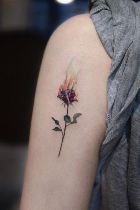 Fire Rose Tattoo, Rose On Fire, Freedom Tattoo, Fire Rose, Rose Tattoo On Arm, Watercolor Rose Tattoos, Burning Rose, Rose Flower Tattoos, Small Rose Tattoo