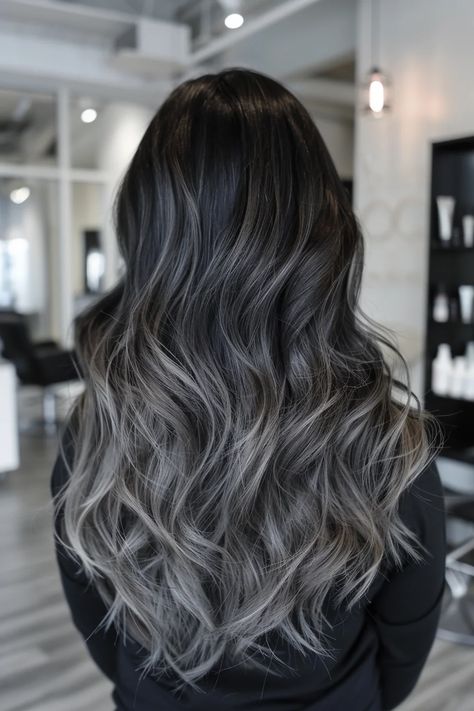 42 Subtle Balayage Black Hairstyles From Soft Highlights To Gentle Gradients Ash Grey On Black Hair, Steel Grey Balayage, Ash Brown Balayage Black Hair, Silver Grey Money Piece Hair, Grey And Black Hair Color, Root Melt Black To Brown, Black Grey Balayage, Ash Hair Color Highlights, Black Hair With Ash Grey Highlights