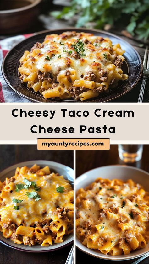 This Cheesy Taco Cream Cheese Pasta combines the bold flavors of taco seasoning with the creamy richness of pasta for a fusion dish that’s perfect for a quick weeknight dinner. Ground beef is cooked with taco spices and mixed with cream cheese and pasta to create a smooth, cheesy sauce that coats every bite. Topped with shredded cheese and baked until golden, this dish is a deliciously comforting and flavorful meal. Ground Beef Cream Cheese, Taco Pasta Bake, Taco Spice, Cream Cheese Pasta, Cheese Pasta Recipes, Cheese Sauce For Pasta, Taco Pasta, Fusion Dishes, Cheesy Sauce