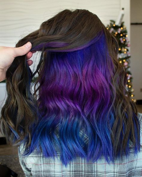 Purple Underneath Hair, Under Hair Color, Blue Hair Highlights, Peekaboo Hair Colors, Very Easy Hairstyles, Unicorn Hair Color, Blue Combination, Dyed Hair Blue, Dark Blue Hair