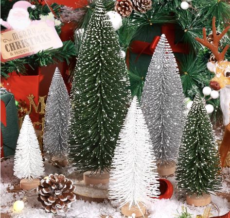 Hatisan 6pcs Mini Christmas Trees Decorations Small Bottle Brush Trees with Wooden Base, Artificial Christmas Trees for Village Tabletop Home Room Party Craft Christmas Decor Indoo(Green,Silver,White) Outdoor Christmas Party Decorations, Christmas Trees Decorations, Mini Christmas Trees, Small Christmas Trees, Mini Christmas, Bottle Brush, Pine Trees, Wooden Base, Christmas Trees