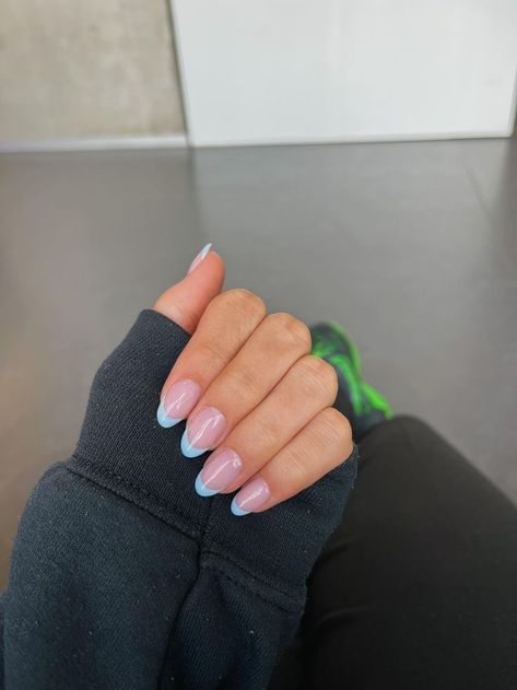 #frenchnails #nails #nailart #nailsofinstagram #gelnails #manicure #nailsoftheday #u #nailsonfleek #nail #acrylicnails #french #gel #longnails #glitternails #ombrenails #nudenails #nailstyle #frenchmanicure #nailsart #instanails #nailartist #nailstagram #naildesign #naildesigns #nailsnailsnails #gelpolish #beauty #inspire #nailtech Light Blue French Tip With Chrome, Icy Blue French Tip Nails, Blue Frenchies Nails, Sky Blue French Tip Nails, Aesthetic French Nails, Light Blue French Tip Nails, Baby Blue French Tip, Blue French Tip, Gold French Tip