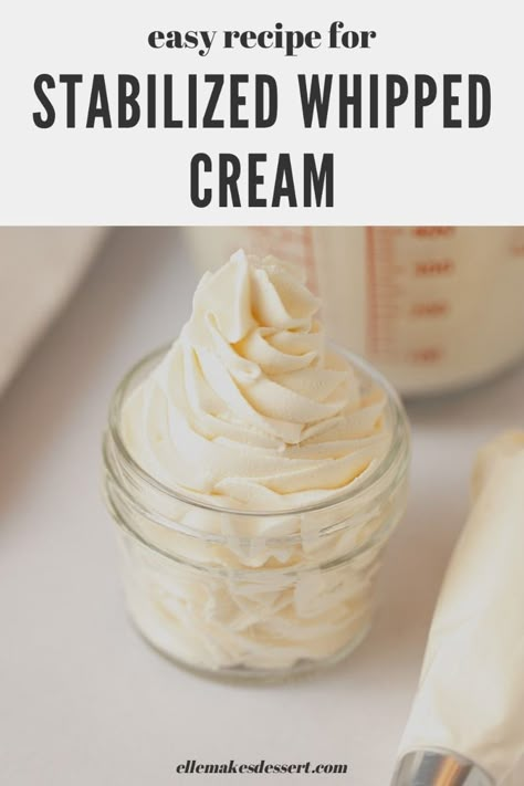 Looking for a stable whipped cream that you can use for piping, decorating cakes, or even ice cream sundaes? Learn how to create Shortcut Stabilized Whipped Cream with four simple ingredients. This easy recipe creates a stable vanilla whipped cream that holds its shape for frosting and piping–and it tastes delicious! Magic Whipped Cream Frosting, Stable Whipped Cream Frosting, Whipped Topping Recipe, Whipped Cream Recipes, Gelatin Sheets, Stable Whipped Cream, Stabilized Whipped Cream Frosting, Whipped Cream Frosting Recipe, Pudding Frosting