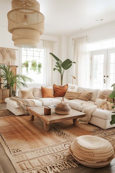 Medeteranian Interior, Warm Earthy Living Room, Boho Living Room Decor Ideas, Living Room Throws, Earthy Living Room, Modern Boho Living Room, Boho Inspo, Wall Lights Living Room, Classy Decor