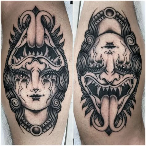 Old School Throat Tattoo, Flipface Tattoo Traditional, Black Work Knee Tattoo, Traditional Mask Tattoo, Traditional Throat Tattoo, Traditional Face Tattoo, Devil Face Tattoo, Traditional Neck Tattoo, Gothic Traditional Tattoo