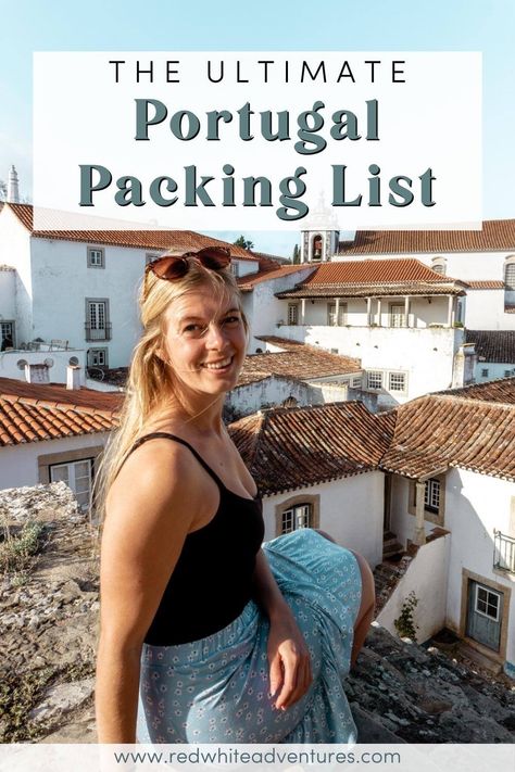 Portugal packing list pin for Pinterest. Portugal Packing List, Portugal Clothes, International Packing List, Visiting Portugal, What To Pack For Vacation, Things To Do In Portugal, Summer Packing Lists, Faro Portugal, Fall Travel Outfit