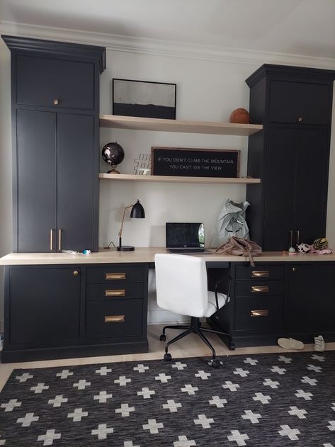 Office Ideas Cabinets, Black Office Cabinets, Black Cabinets Office, Home Office Using Kitchen Cabinets, Built In For Dining Room, Modular Home Office Furniture, Office Bedroom Combo, Alcove Desk, Office Conversion