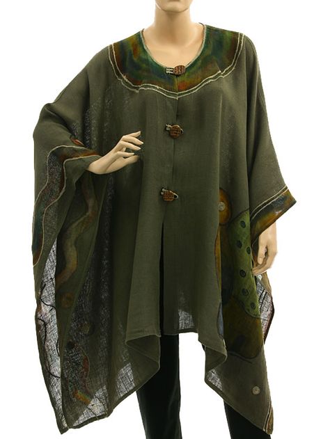 Boho artsy wide linen poncho overtop with buttons in green S-XXL - Artikeldetailansicht - CLASSYDRESS Lagenlook Art to Wear Women's Clothing Linen Poncho, Upcycling Clothing, Capes & Ponchos, Art To Wear, Boiled Wool, Lovely Dresses, Clothing Ideas, Upcycle Clothes, Dream Wardrobe