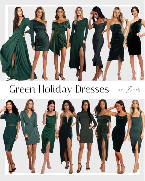 Green Dress For Christmas Party, Holiday Green Dress, Womens Green Christmas Dress, Emerald Dress Christmas, Emerald Green Christmas Pictures, Christmas Colours Outfit, Green Velvet Holiday Dress, Green Dress Holiday Outfit, Christmas Party Wear Women