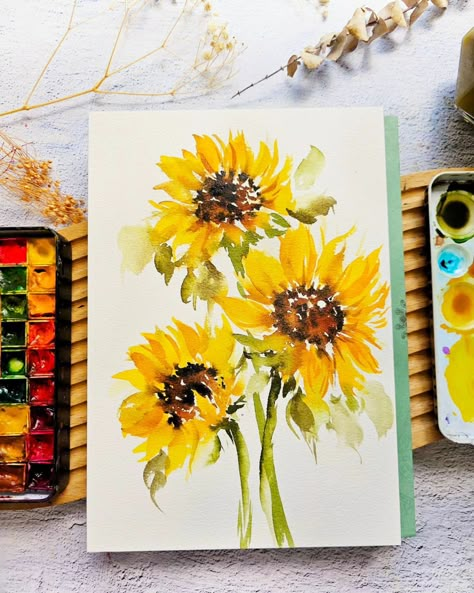 Sunflower Watercolor Painting, Sunflowers Painting, Sunflower Artwork, Watercolor Sunflowers, Sunflower Watercolor, Watercolor Workshop, Flower Drawing Design, Hello December, Floral Drawing