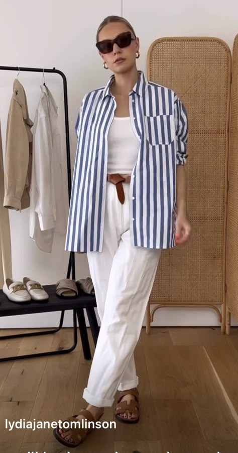 Navy Shirt White Pants Outfit Women, Striped Linen Shirt Outfit Women, Zara Inspired Outfits, Blue Striped Shirt Outfit, Formal Boys Outfit, Lydia Tomlinson, Linen Shirt Outfit, White Pants Outfit, Blue And White Striped Shirt