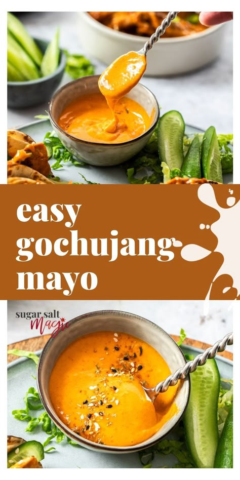 Gourmet Korean Food, Gochujang Tacos, Korean Finger Food, Gochujang Mayo Recipe, Gochujang Dressing, Korean Mayo Sauce, Asian Burger Sauce, Korean Fish Tacos, Gogugang Sauce