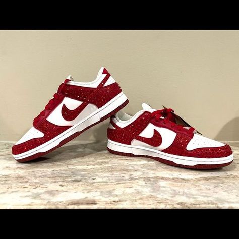 Nike Dunks with Ruby Red Gems Red Quinceanera Shoes, Masquerade Quince, Quinceanera Heels, Rhinestone Ideas, Quinceanera Shoes, Quincenera Dresses, Dunks Outfit, Red Quince, Quinceañera Ideas