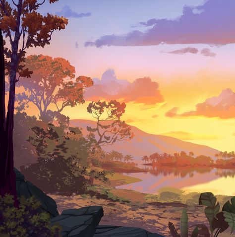 Sunrise Landscape, Sunrise Painting, Concept Art Tutorial, Landscape Concept, Background Drawing, Environment Design, Art Background, Work In Progress, Artist Art