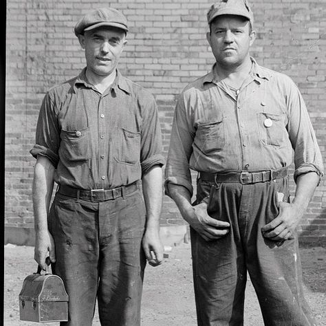 Photocred: @rivet_head on Instagram: “Two hard boiled factory workers covered in #vintageworkwear goodness #1930s #1940s…” Story References, 1940s Mens Fashion, 1930s Men, Mens Work Outfits, Steel Worker, American Workwear, Workwear Vintage, Mens Attire, Mens Workwear