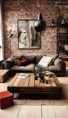 Industrial Beige Living Room, Industrial Brick Wall Living Room, Living Room Inspiration Industrial, Industrial Decor Apartment, Industrial Cozy Living Room, Vintage Industrial Decor Living Room, Moody Industrial Decor, Exposed Brick Living Room, Industrial Interior Design Living Room