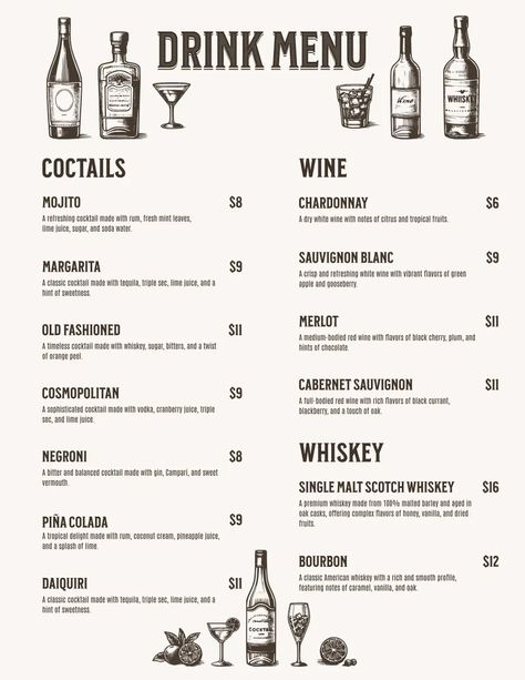 Take your Poster design to the next level by using this Vintage Line Art Illustration Alcohol Drink Menu Poster Design Template Poster design template by Anna Markovets. Use this ready-to-use Poster design and start designing like a Pro. Alcohol Menu Design, Menu Poster Design, Cocktails Made With Rum, Vintage Line Art, Menu Poster, Line Art Illustration, Menu Board, Beach Bar, Fresh Mint Leaves