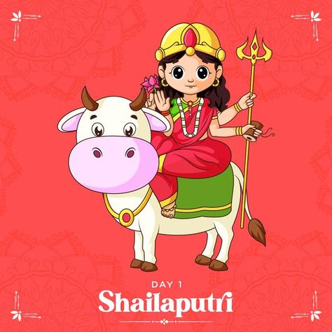 Cartoon illustration of goddess shailapu... | Premium Vector #Freepik #vector #banner #crown #hand #festival Navratri Mantra, Shailputri Mata, Navratri Pictures, Navratri Devi Images, Nav Durga, Forest Cartoon, Rajasthani Art, Navratri Festival, Happy Navratri Images