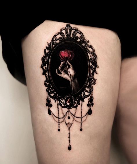 Dark Beauty And The Beast Tattoo, Dark Mirror Tattoo, Romantic Goth Tattoo Ideas, Dark Goth Tattoos, Crimson Peak Tattoo, Victorian Woman Tattoo, Carmilla Tattoo, Vampire Lady Tattoo, Dark Romantic Tattoo