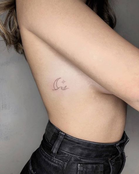 Wave And Moon Tattoo, Mini Moon Tattoo, Tattoo Rib, Wave Tattoos, Mini Moon, Waves Tattoo, Tattoos Gallery, Rib Tattoo, Fine Line Tattoos