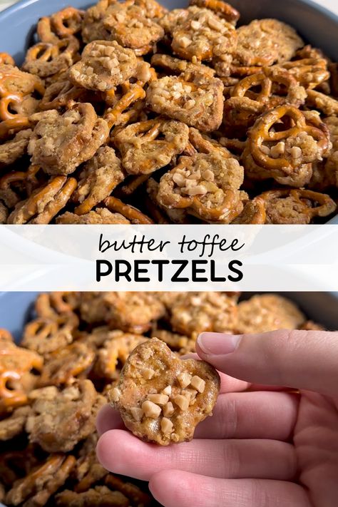 Butter toffee pretzels are the perfect party snack or homemade holiday gift! Unlike traditional English toffee, this version doesn’t require a candy thermometer. You’ll start by making a simple homemade toffee sauce that gets poured over pretzels and topped with a bag of toffee bits for extra crunch! The pretzels go into the oven for 1 hour, giving them a stir halfway through so they cook evenly. Simple as that! They’re easy to make and full of sweet, salty, crunchy goodness! Buttery Toffee Pretzels, Bourbon Pretzels, Butter Toffee Pretzels, Toffee Pretzels, Pretzel Toffee, Homemade Toffee, Homemade Holiday Gifts, Toffee Sauce, Pretzel Twists