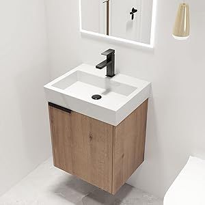 Malwee 18" Floating Bathroom Vanity with Sink, 18 Inch Single Sink Wall Mounted Bathroom Vanity, with 1 Door and White Ceramic Basin Sink Top (015-18) Small Bathroom Sink Vanity, Bathroom Vanity Modern, Natural Wood Bathroom Vanity, Standing Bathroom Vanity, Vanity Modern, Small Bathroom Sinks, Cozy Bathroom, Bathroom Sink Cabinets, Narrow Bathroom