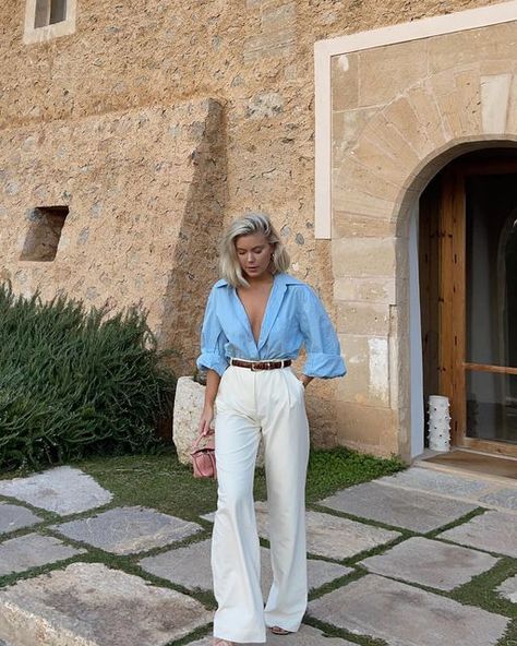 White Trousers Outfit, Blue And White Outfits, Laura Jade Stone, Modest Casual Outfits, White Shirt Outfits, Elegant Outfit Classy, Open Shirt, Blue And White Shirt, Outfit Wedding