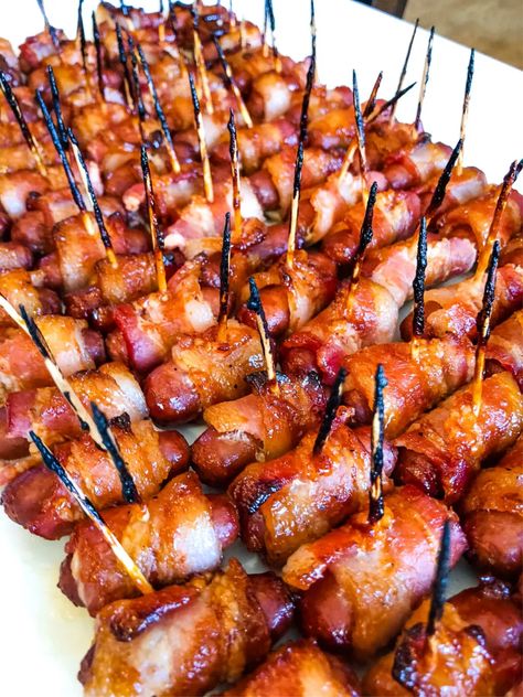 Cocktail Sausage Recipes, Bacon Salmon, Bacon Wrapped Recipes, Bacon Wrapped Sausages, Whiskey Glaze, Bacon Wrapped Smokies, Maple Whiskey, Bacon Wrapped Chicken Bites, Bbq Appetizers