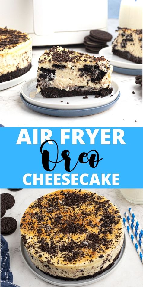 This delicious cheesecake is the perfect dessert for Oreo lovers! It starts with an Oreo crust, then finishes with a creamy filling stuffed with more cookies. Easy Air Fryer Dessert. Oreo In Air Fryer, Air Fryer Oven Desserts, Dessert Recipes Air Fryer, Cheesecake Air Fryer, Airfryer Cheesecake, Best Air Fryer Recipes Desserts, Air Fryer Oreos, Air Fryer Deserts Easy, Air Fryer Cheesecake