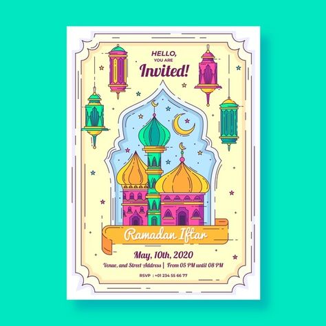 Iftar Invitation Template, Iftar Invitation, Kad Raya, Doodle Illustrations, Kids Invitation, Eid Mubarak Background, Holiday Background, Banner Template Design, Islamic Design