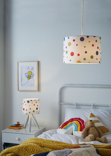 Glow Coloured Dots Light Shade (20cm x 30cm x 30cm) – Multi – Matalan Car Shade, Tripod Table Lamp, Tripod Table, Kid Desk, Pendant Light Shades, Light Shade, The Glow, Pom Poms, Light Shades