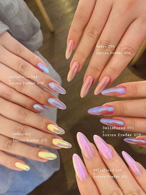 Coloured Chrome Nails, Nails Aurora Effect, Pink Fairy Nails, Yellow Chrome Nails, Pink Chrome Nails, Aurora Nails, Pink Chrome, Chrome Powder, Green Powder