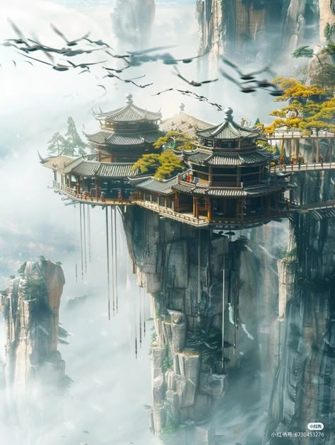 China Floating Mountains, Fantasy Chinese City, Japan Palace, Fantasy Manor, Dnd House, Chinese Fantasy Art, World Concept Art, Fancy Places, Asia Aesthetic