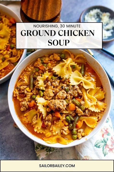 Ground Chicken Soup Soup Recipes Ground Chicken, Ground Chicken Cabbage Soup, Ground Chicken Noodle Soup, Soup Recipes Using Ground Chicken, Ground Chicken Crock Pot Recipes, Ground Chicken Stew, Ground Chicken Tortellini Soup, Soup Recipes Using Ground Turkey, Ground Chicken Vegetable Soup