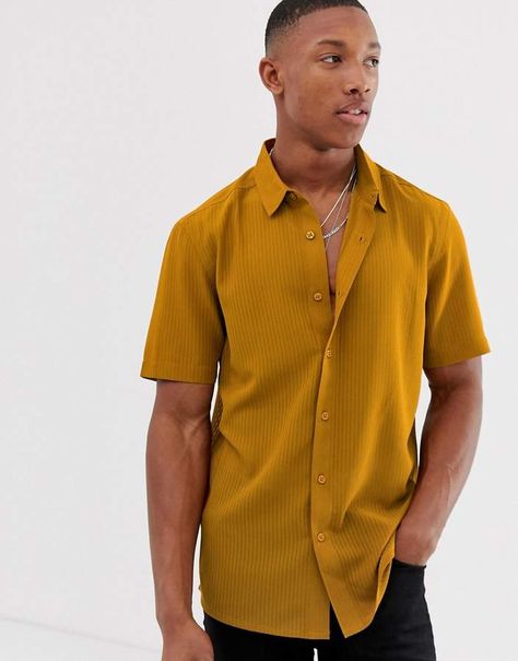 Asos Design ASOS DESIGN regular fit textured stripe shirt in mustard with revere collar    #mensfashion #style #fashion #ootd #summer #clothing #menswear #mensstyle #ootdmen #outfit #guy #men #model #monday #fashionblogger Sleeveless Button Down Shirt Outfit, Satin Shirt Men, Mustard Shirt, Grandad Collar Shirt, Stylish Shirts Men, Oxford Shirt Men, Shirt Outfit Men, Check Shirts, Going Out Shirts