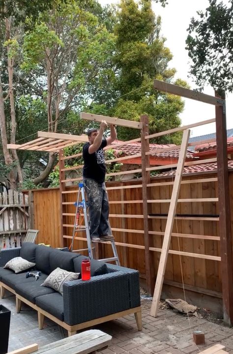 Cantilevered Pergola DIY - Kismet House Cantilevered Pergola, Pergola Diy, Backyard Privacy, Backyard Pergola, Pergola With Roof, Pergola Plans, Diy Pergola, Pergola Patio, Outdoor Pergola