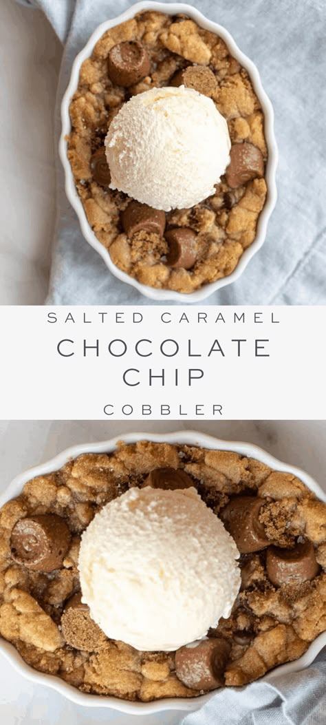 A sweet and salty mix of cookie and cobbler in one amazing dessert! Sweet And Salty Desserts, Cookie Cobbler, Trendy Desserts, Caramel Chocolate Chip Cookie, Crumble Recipes, Caramel Dessert, Caramel Dessert Recipes, Salty Caramel, Caramel Chocolate Chip Cookies